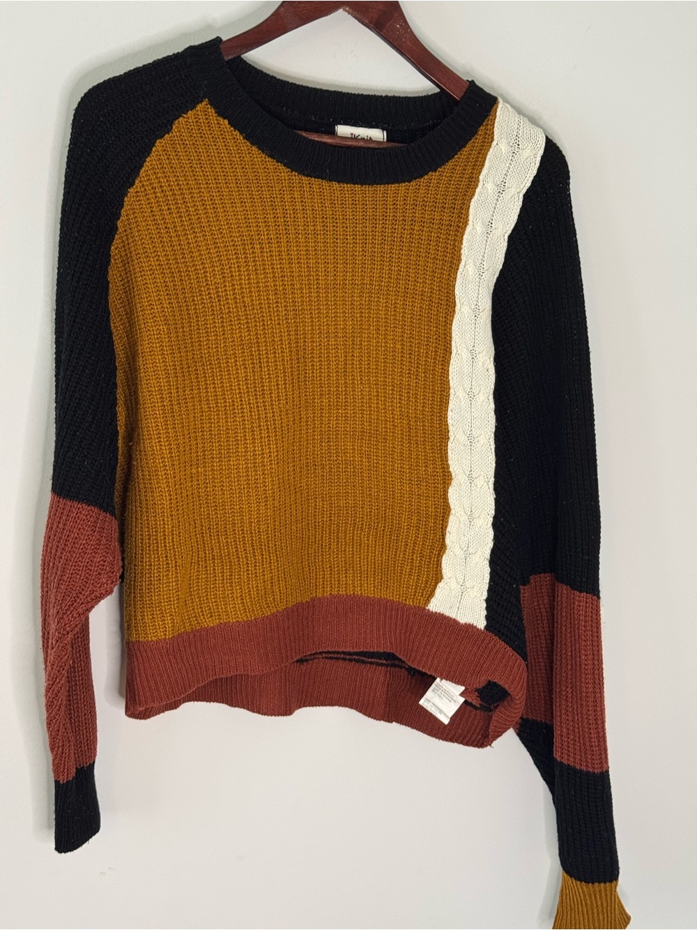 Colorblock Crewneck Sweater with Cable Accent - Mustard, Black, Rust